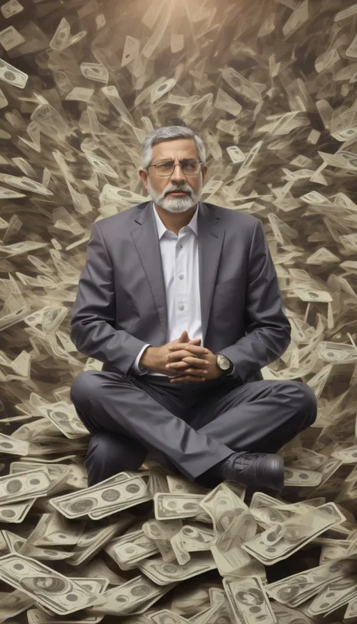 a man sitting on top of a pile of money