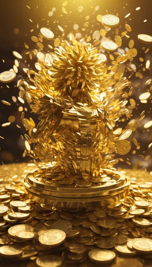 a pile of gold coins with a small figure on top of it