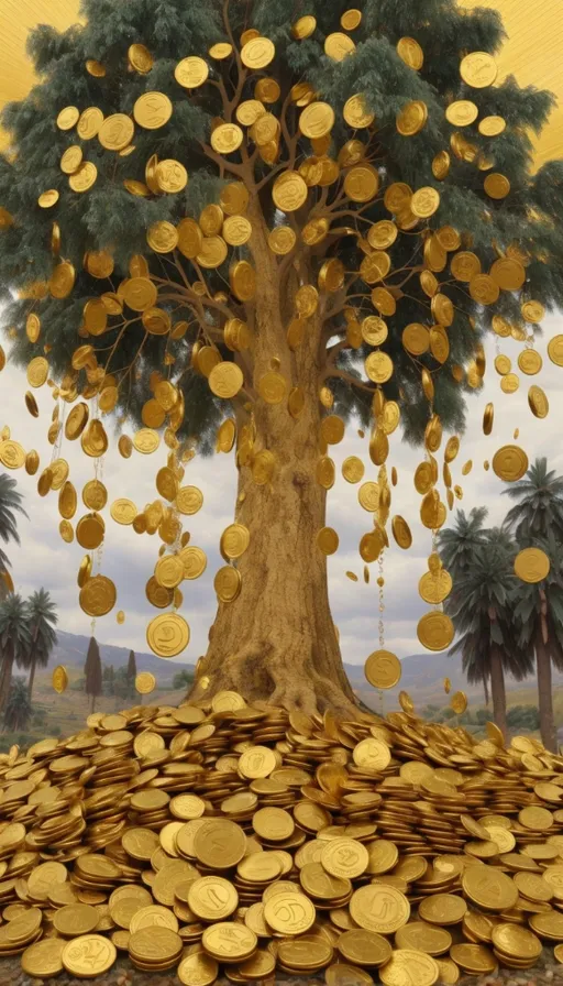 a tree with gold coins falling from it