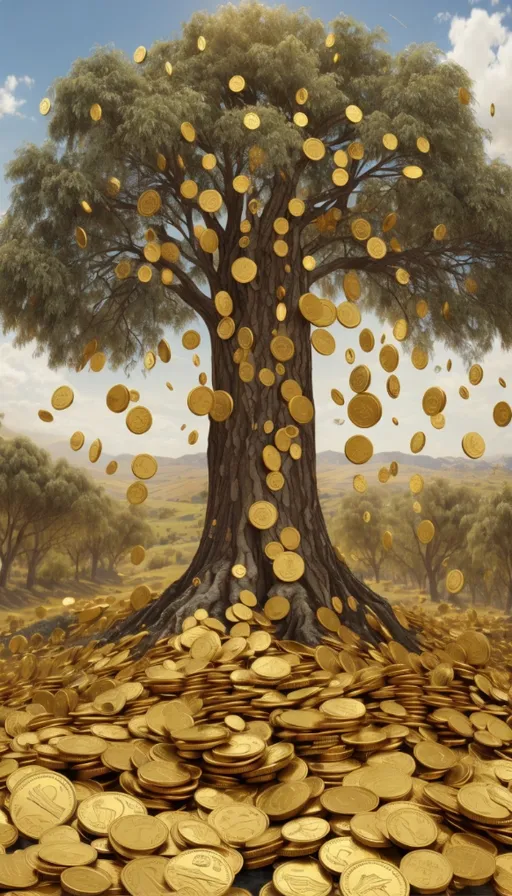 a painting of a tree with gold coins falling from it