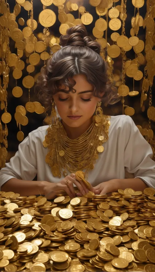 a woman is surrounded by gold coins