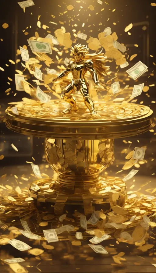 a golden statue surrounded by money falling from it