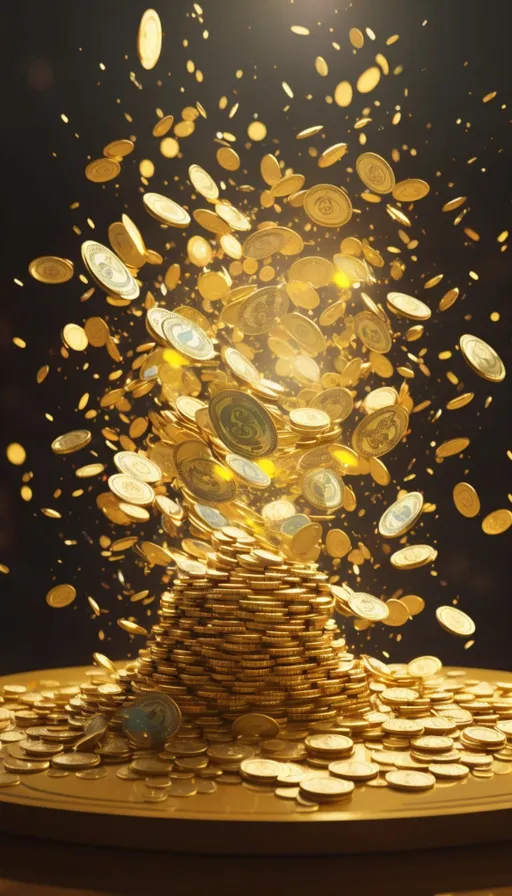 a pile of gold coins falling into the air