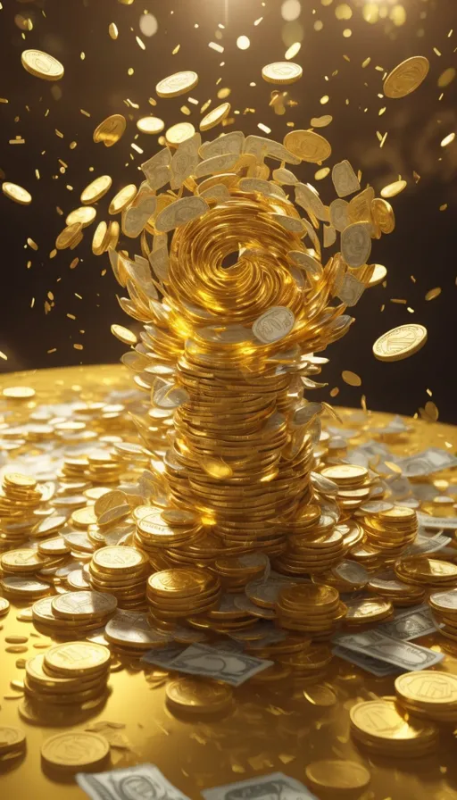 a pile of gold coins with a bunch of money coming out of it