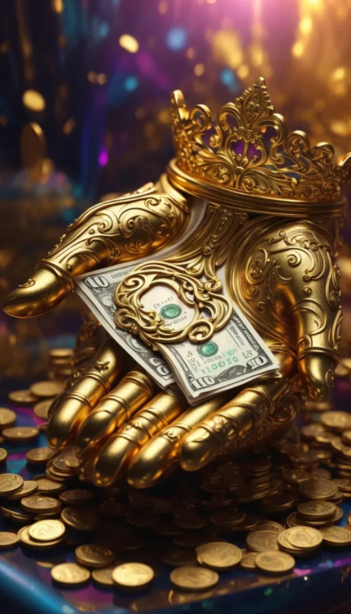 a golden hand with a crown on top of a pile of gold coins