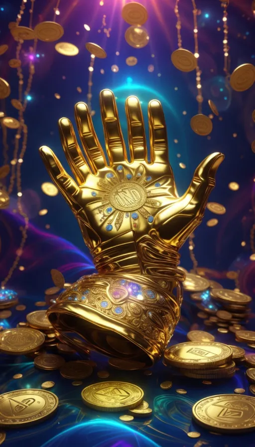 a gold hand that is on top of a pile of gold coins