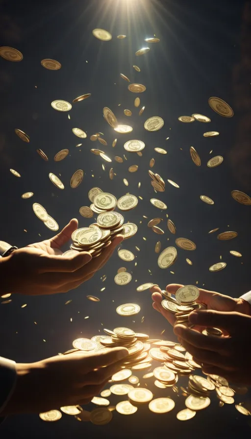 two hands reaching for a handful of gold coins