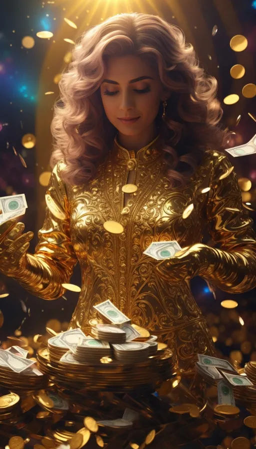 a woman in a gold outfit surrounded by money