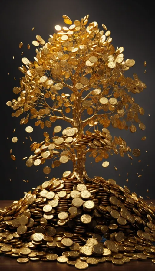 a tree made out of gold coins sitting on top of a table