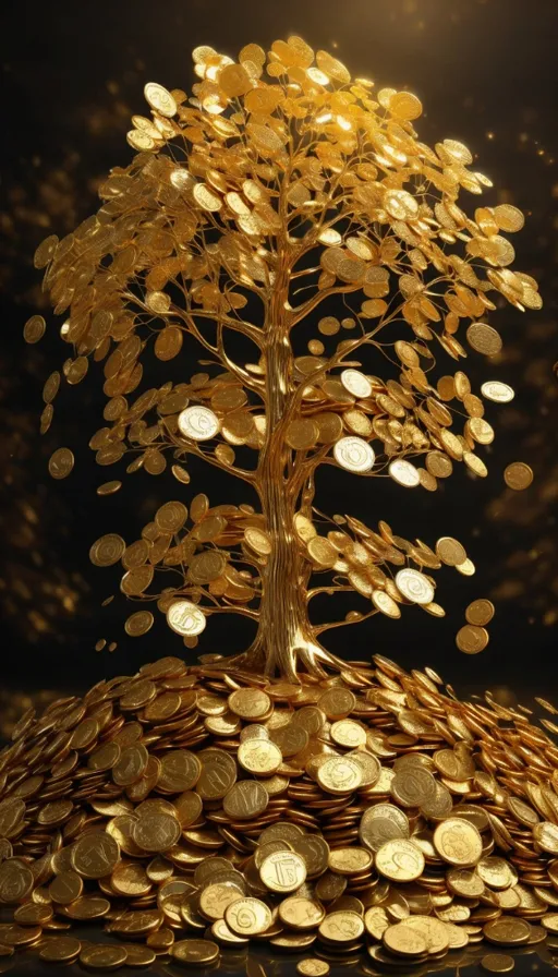 a golden tree made out of gold coins