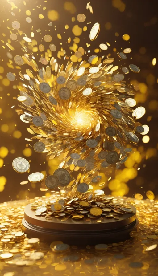 a golden explosion of coins on a black background