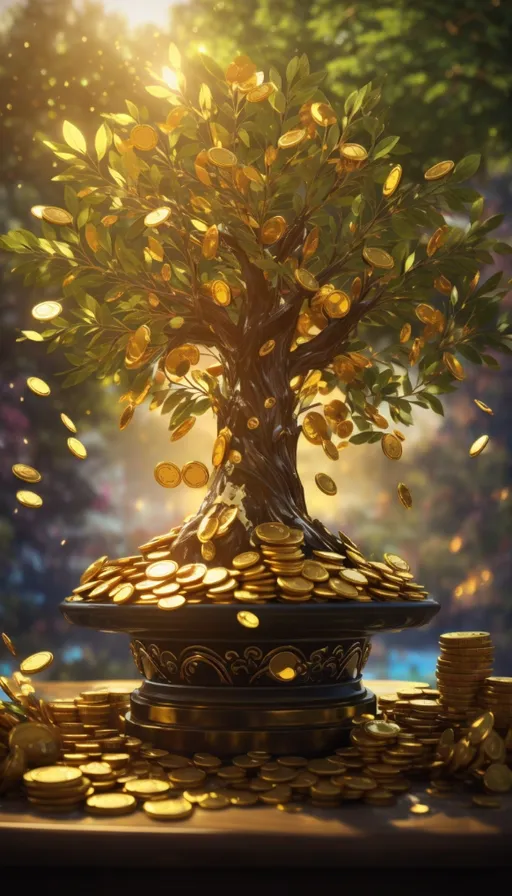 a tree that is sitting on top of a pile of gold coins