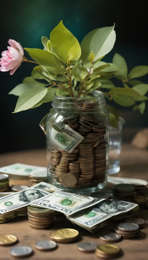 a glass jar filled with money sitting on top of a table