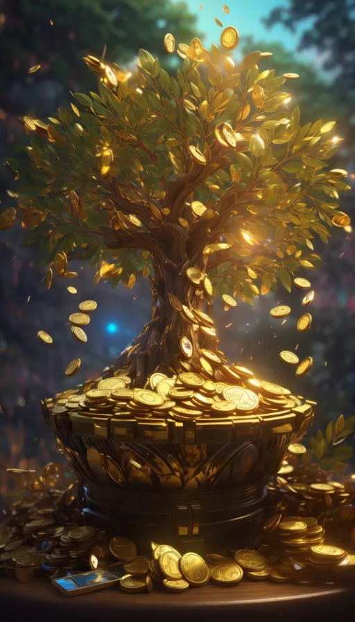 a pot full of gold coins with a tree growing out of it