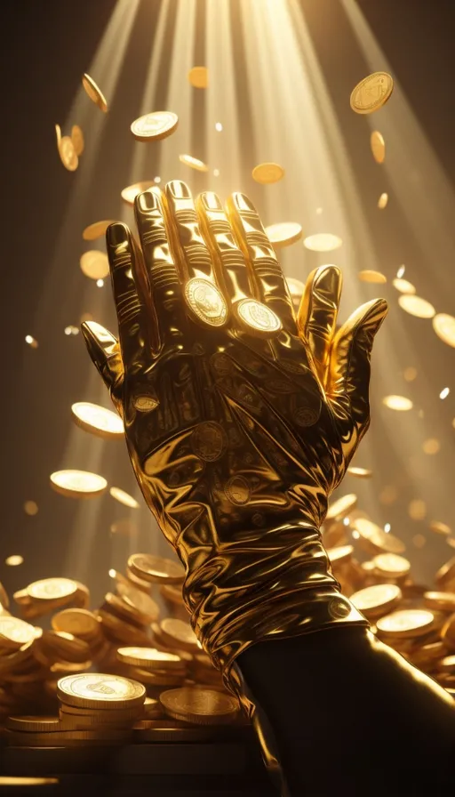 a gloved hand reaching up to a pile of gold coins