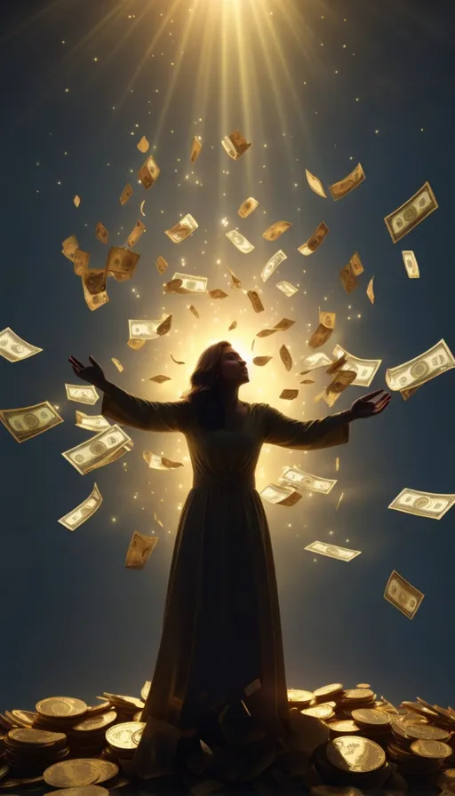 a woman standing on top of a pile of money