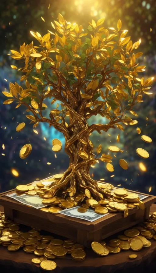 a golden tree on top of a pile of gold coins