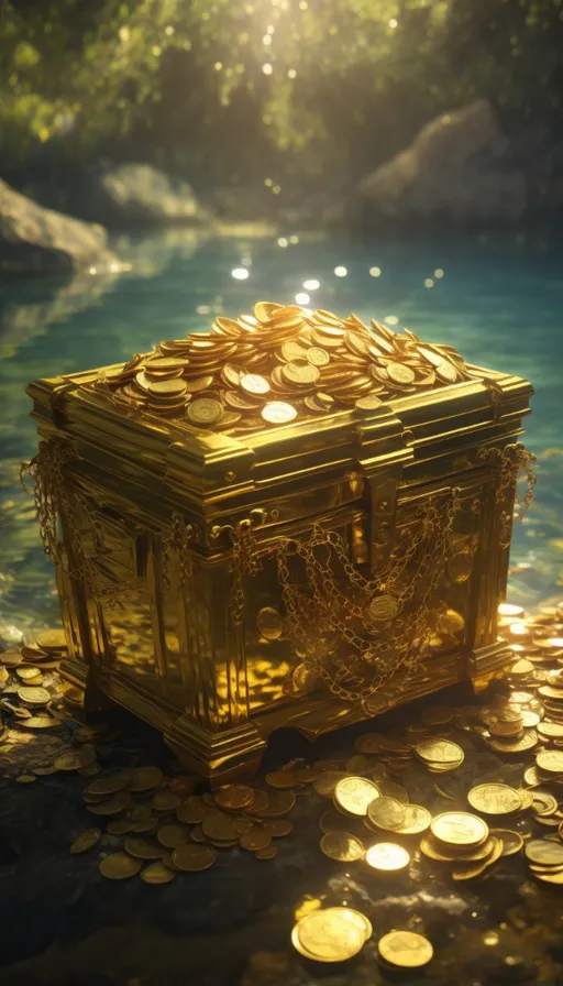 a chest of gold coins sitting on top of a river