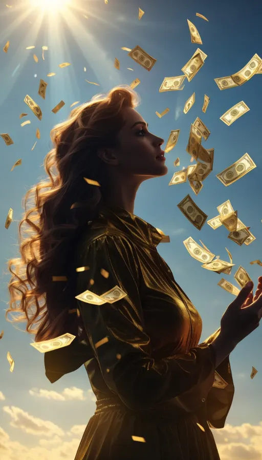 a woman in a black dress throwing money into the air