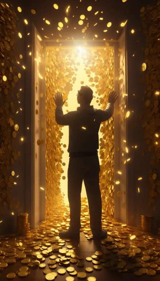 a man standing in front of a doorway filled with gold coins