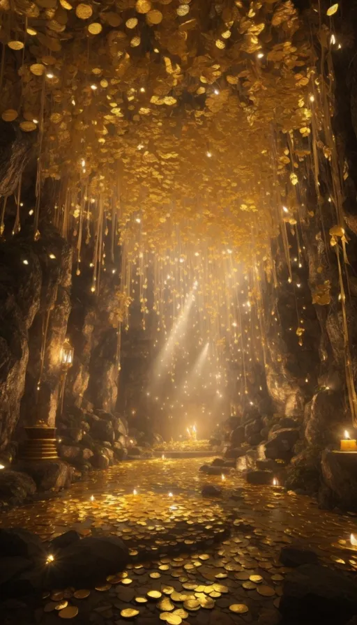 a cave filled with lots of gold coins