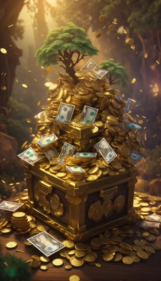 a golden chest full of money with a tree on top of it