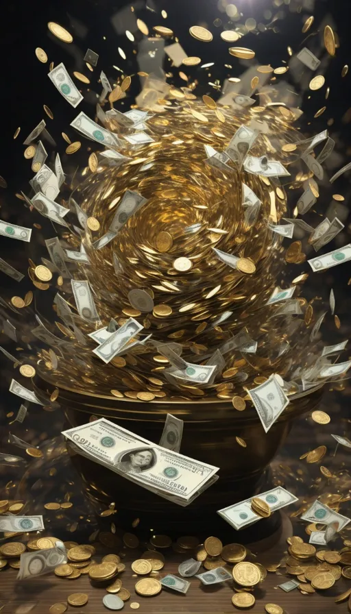 a bowl filled with money flying out of it