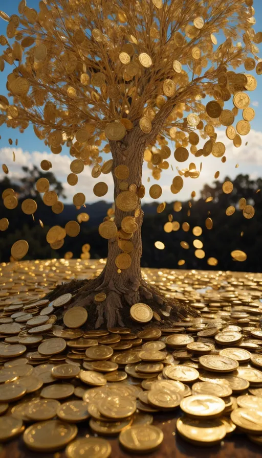 a tree with lots of gold coins growing out of it