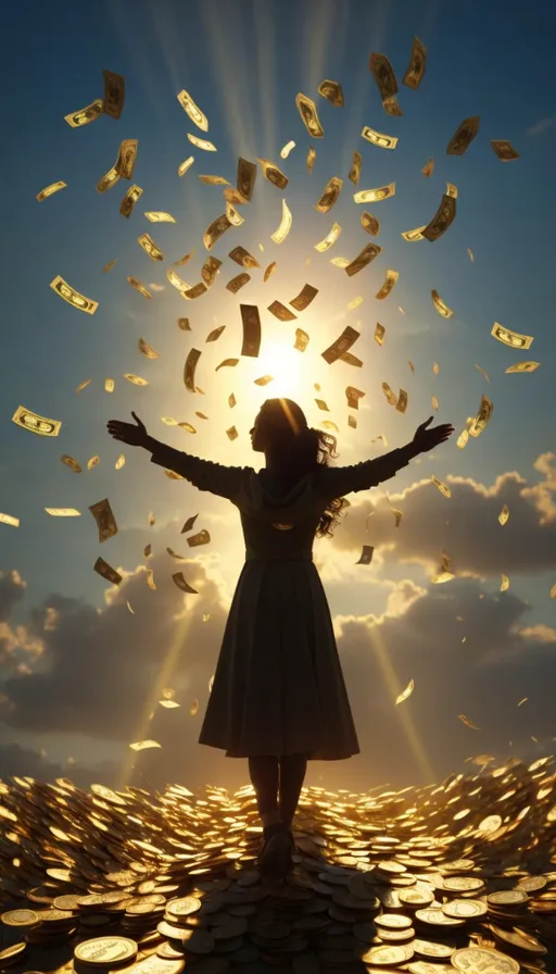 a woman standing on top of a pile of money