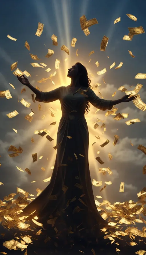 a woman in a long dress surrounded by money