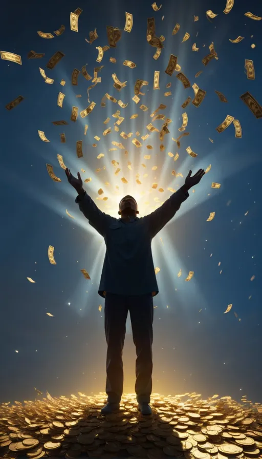 a man standing on top of a pile of money