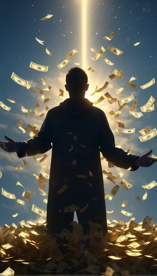 a man standing in front of a pile of money