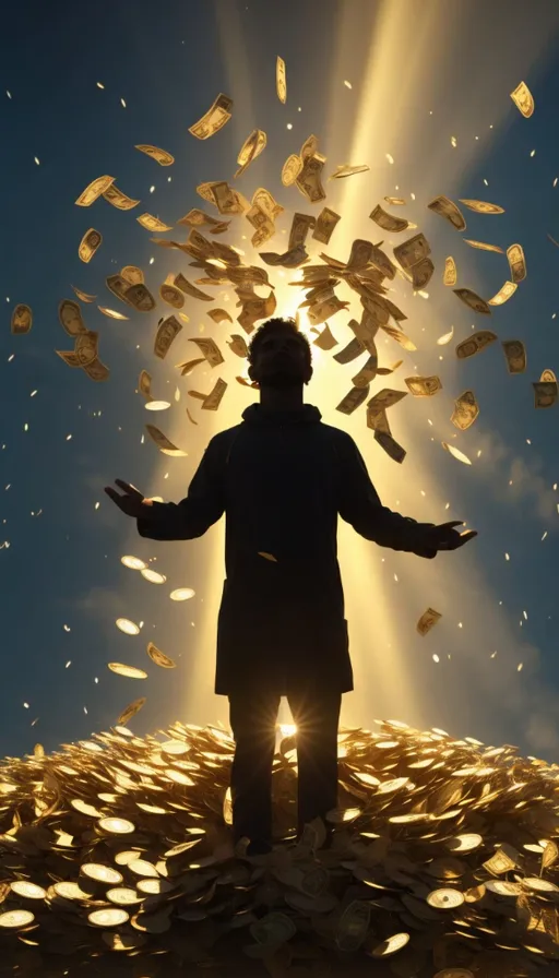 a man standing on top of a pile of money