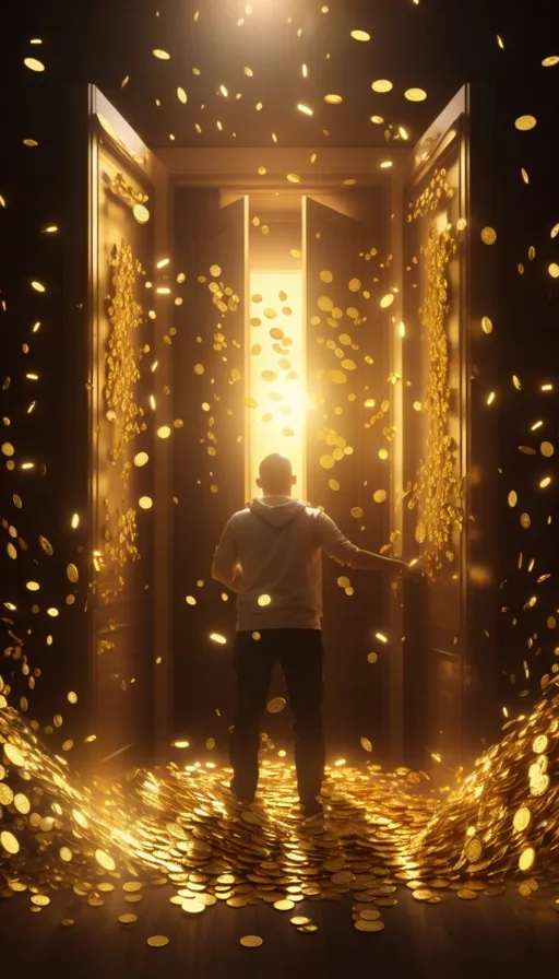 a man standing in a doorway surrounded by gold coins