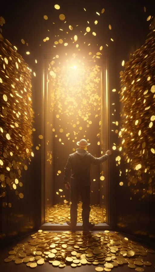 a man standing in a doorway surrounded by gold coins