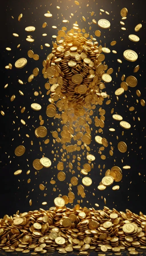 a pile of gold coins falling into the air