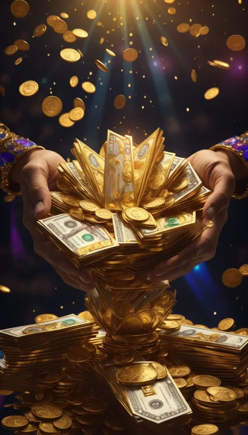 a pile of gold coins being held by two hands