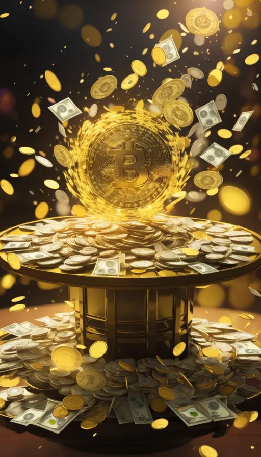 a golden bitcoin sitting on top of a pile of money