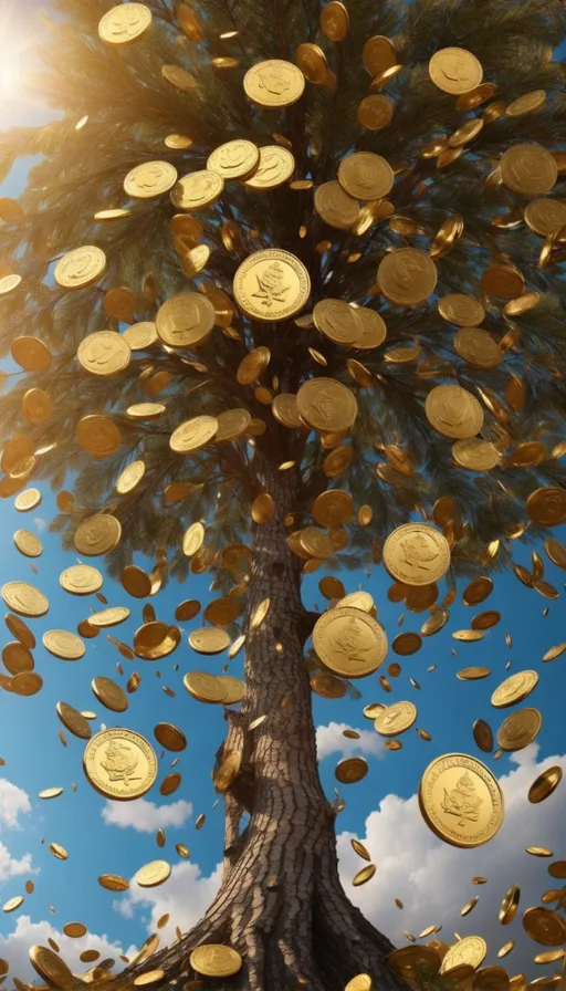 a tree with a lot of gold coins falling from it