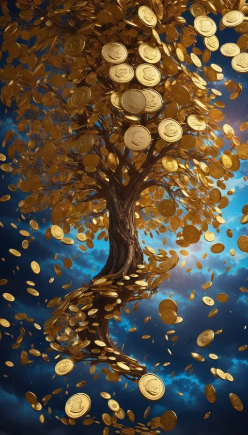 a tree with coins falling from it