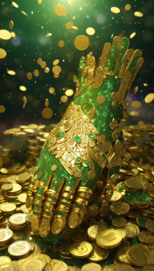 a green and gold glove sitting on top of a pile of gold coins