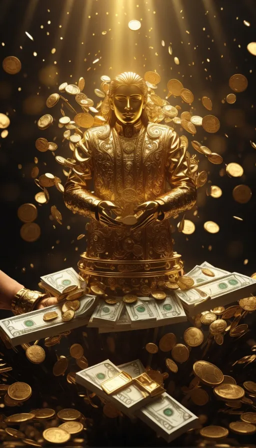 a golden buddha statue surrounded by money