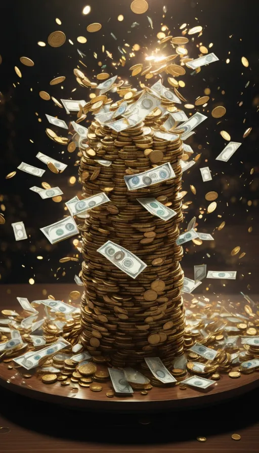 a pile of money sitting on top of a wooden table