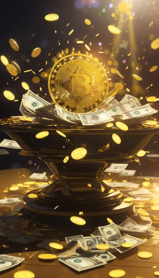 a golden bitcoin sitting on top of a pile of money