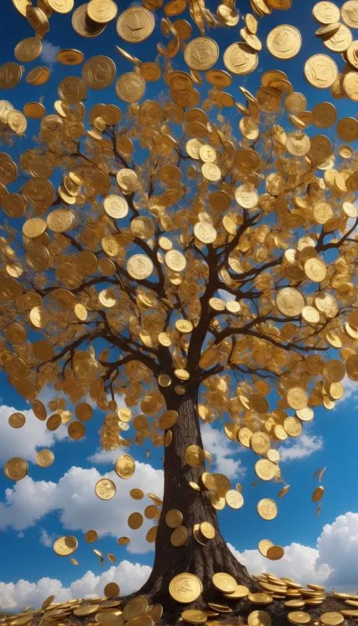 a tree with a lot of gold coins falling from it