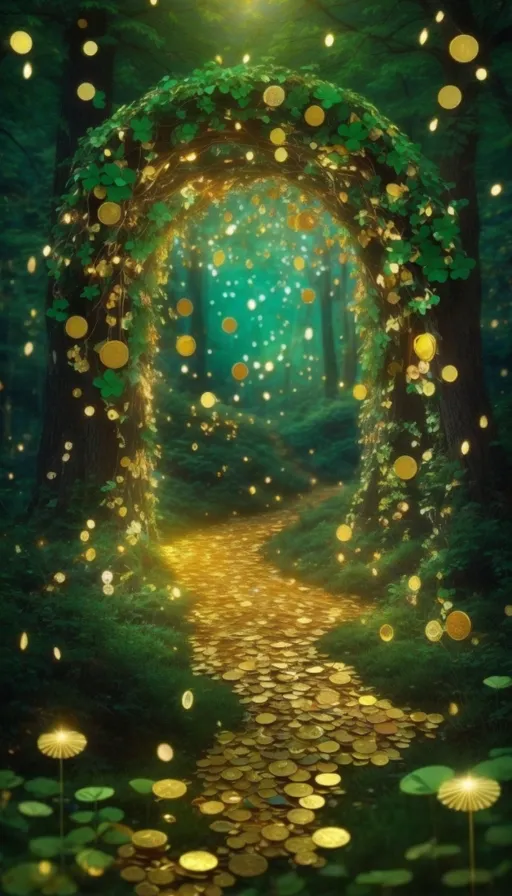 a painting of a path through a forest with lots of gold coins