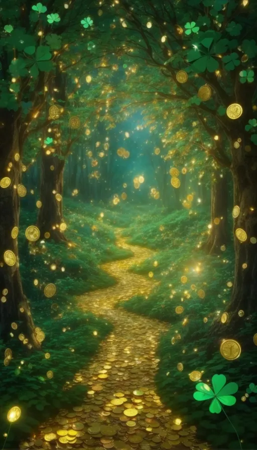 a painting of a path through a forest with lots of gold coins