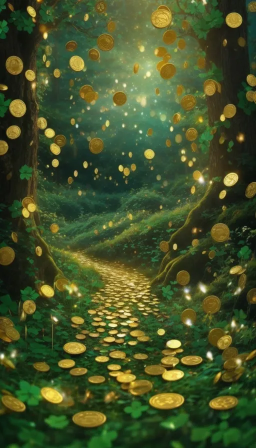 a forest filled with lots of gold coins