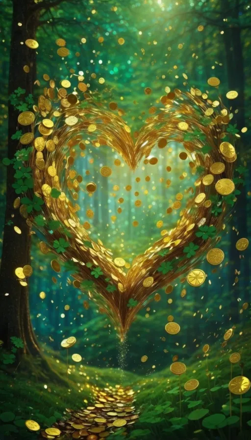 a painting of a heart surrounded by gold coins