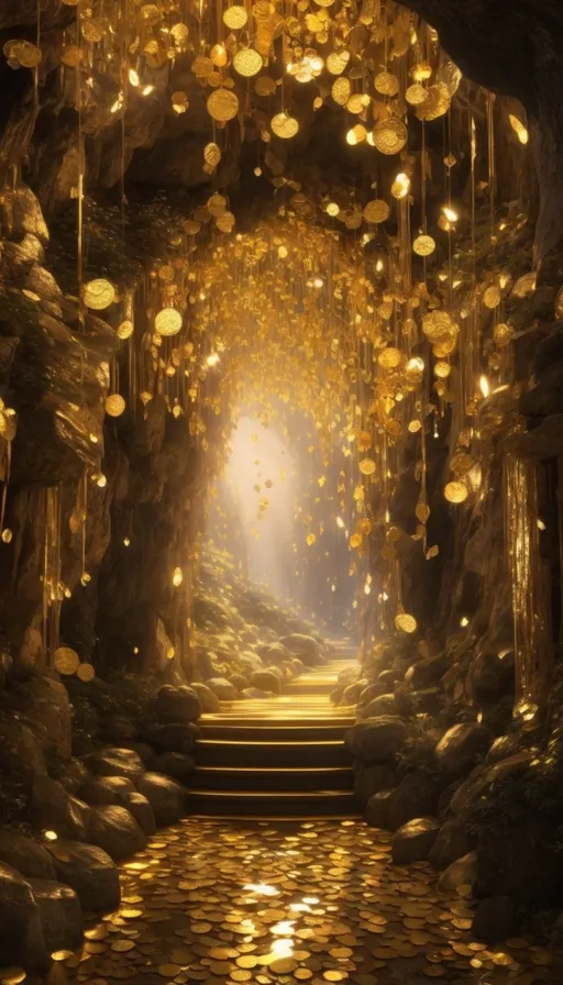 a tunnel with lots of gold coins coming out of it